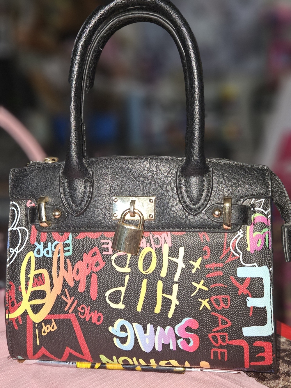 Black Graffiti-Print Satchel Handbag with Gold Lock